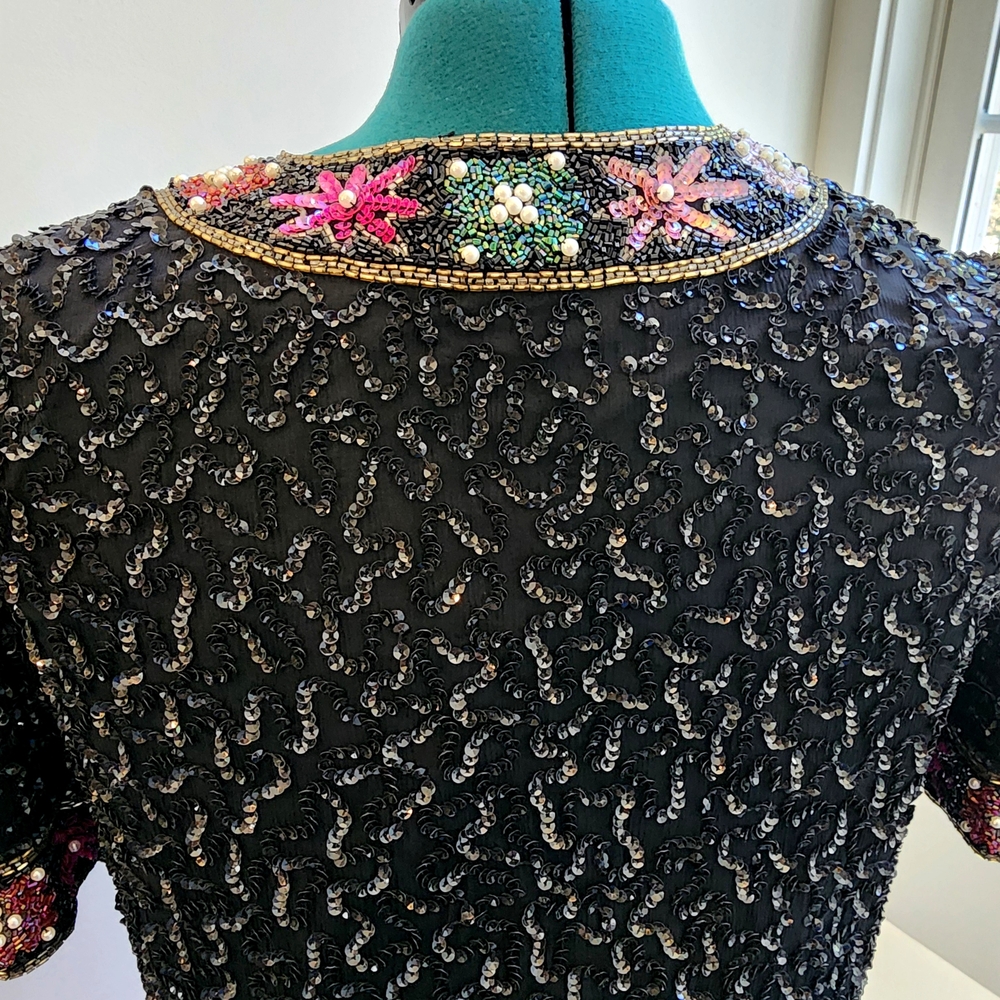 Vintage Laurence Kazar NY Embellished Sequin Beaded Black Jacket Top Large Silk - Picture 4 of 9